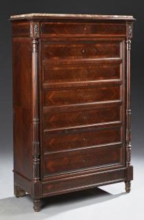 Appraisal: French Henri II Style Carved Inlaid Mahogany Marbl French Henri