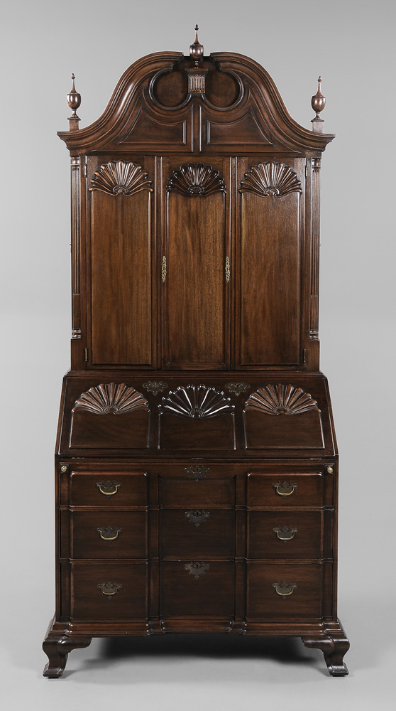 Appraisal: Newport Style Block-and-Shell Desk and Bookcase American th century bench