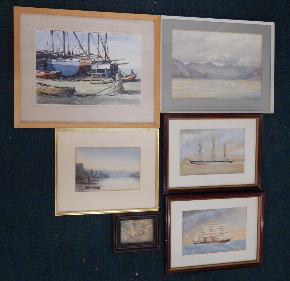 Appraisal: Various watercolours to include two naive ships a scene with