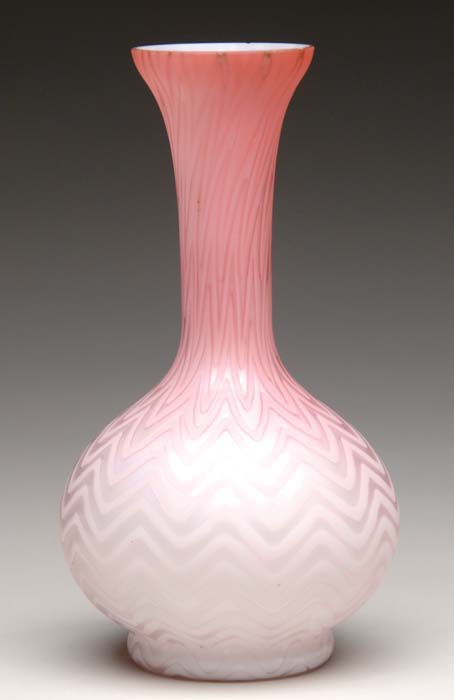 Appraisal: SATIN GLASS VASE MOP herringbone pattern with pink shading to