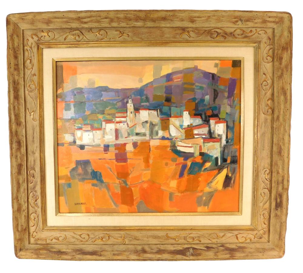 Appraisal: Pierre Bordenave France - oil on canvas cubistic village scene