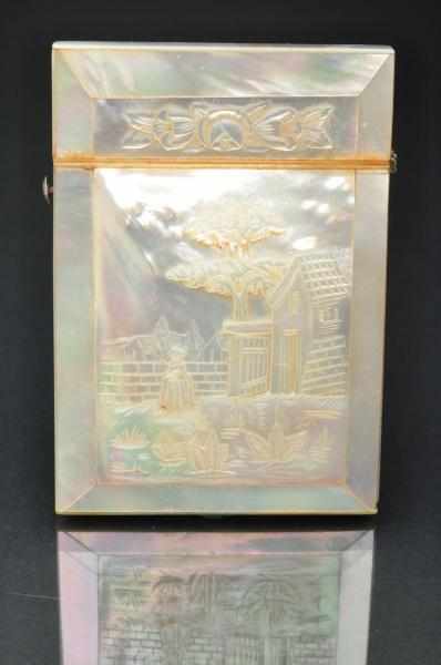 Appraisal: Victorian Calling Card Case Mother of pearl Depicts a building