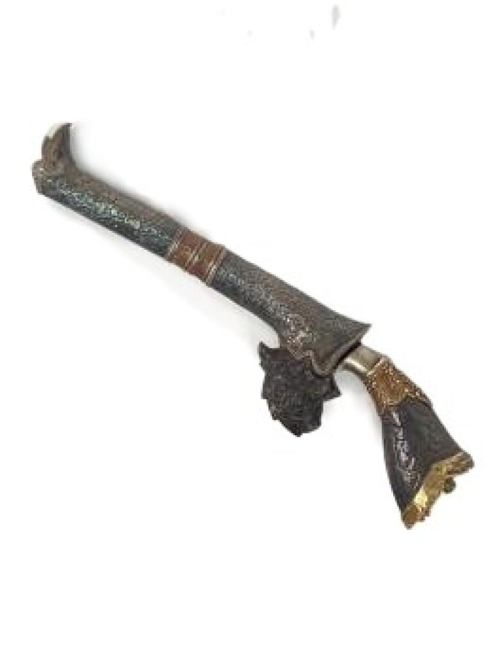 Appraisal: MIDDLE EASTERN SHEATHED DAGGER WITH GEMSTONES WOOD CARVINGS HAND-TOOLED SILVER