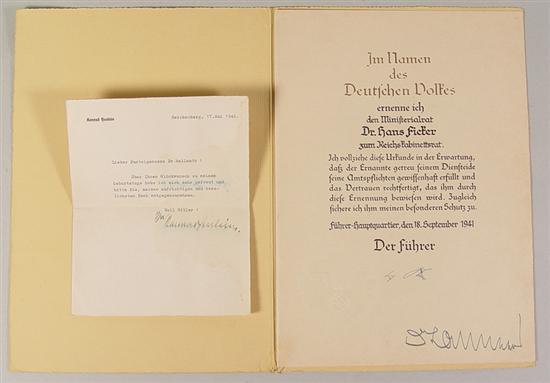 Appraisal: Autographs Adolph Hitler One-page document appointing Dr Hans Fichter to