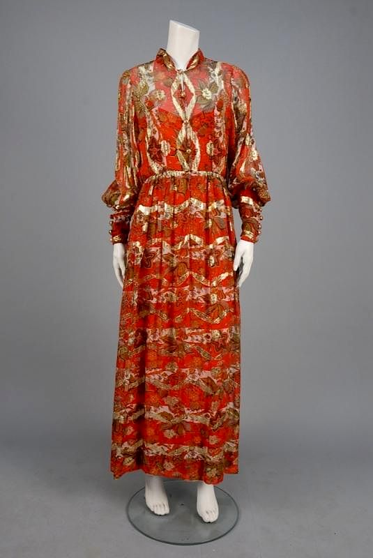 Appraisal: CHRISTIAN DIOR METALLIC BROCADE LONG DRESS s Red and white