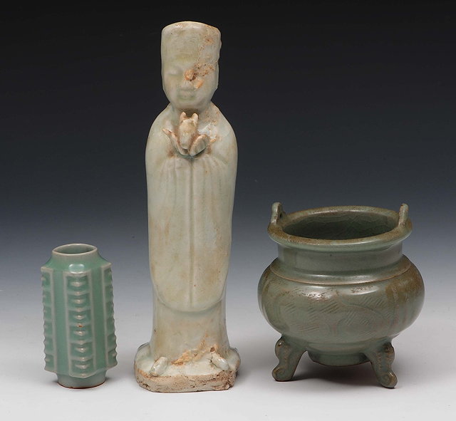 Appraisal: A Chinese celadon altar figure cm together with a small