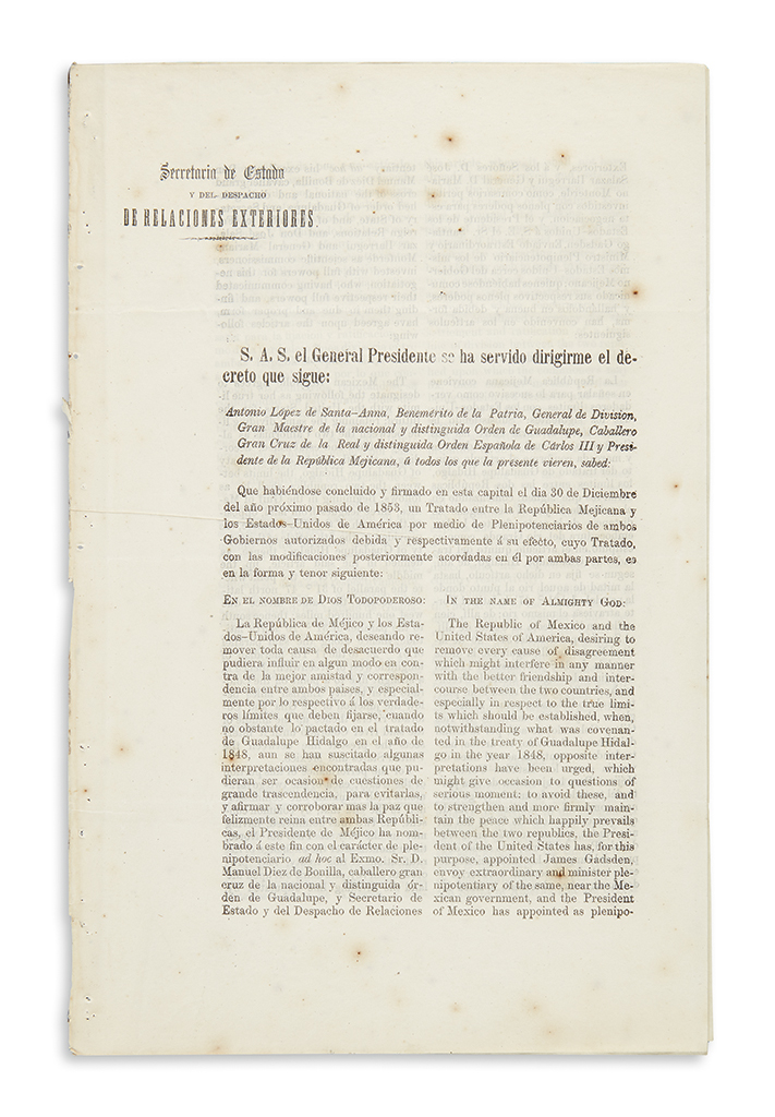 Appraisal: ARIZONA Mexican printing of the Gadsden Purchase agreement or the