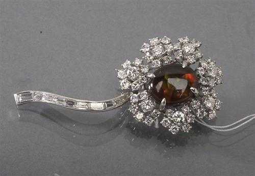 Appraisal: BRILLIANT-CUT DIAMOND AND FIRE AGATE BROOCH ca Platinum Elegant flower