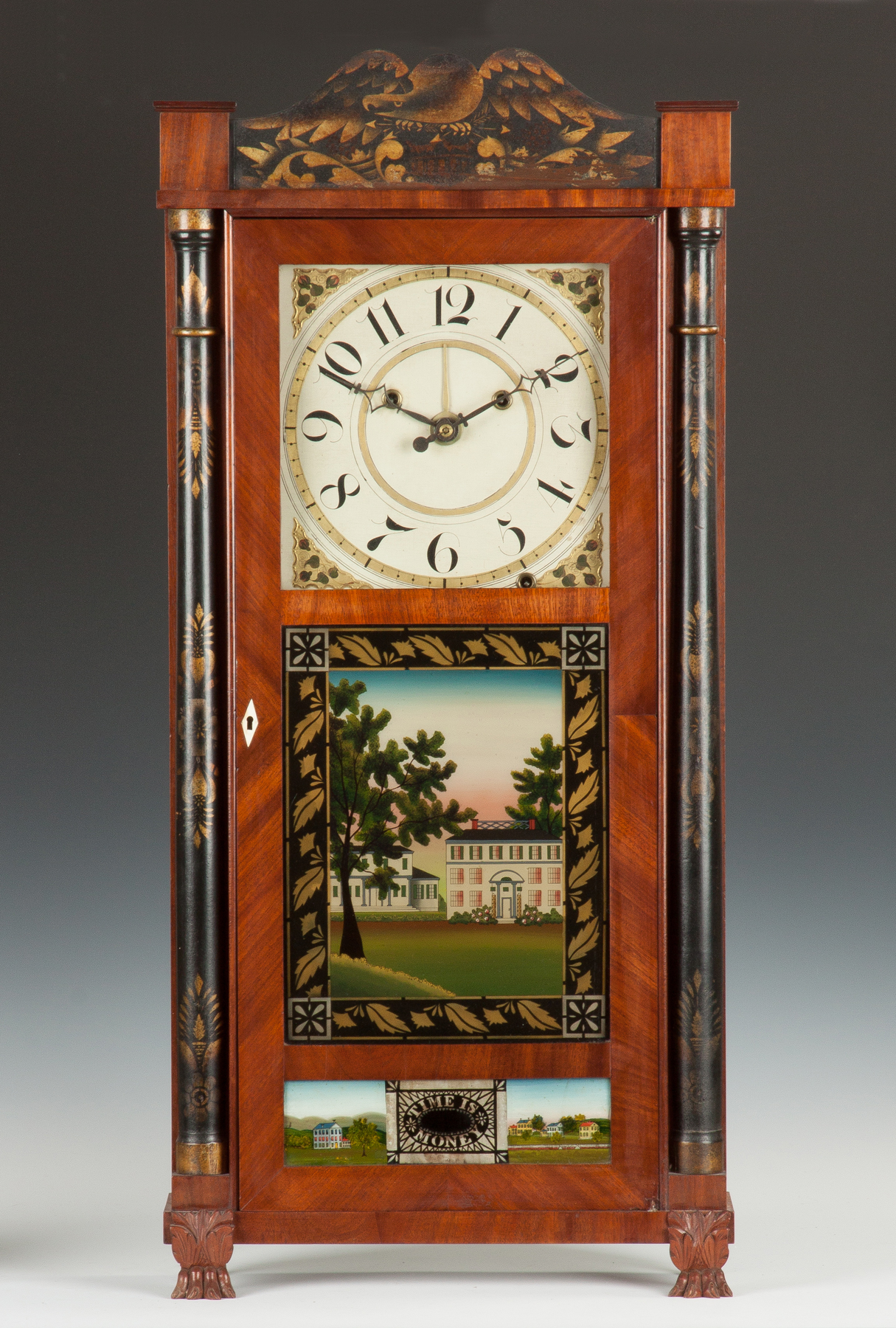 Appraisal: Silas Hoadley Shelf Clock Mahogany case paw feet original stenciled