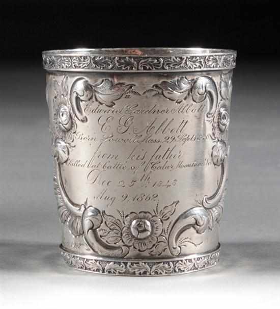 Appraisal: American Classical coin silver repousse cup with Civil War association