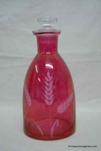 Appraisal: Blown Cranberry Glass Etched Brandy DecanterBy unknown maker is a