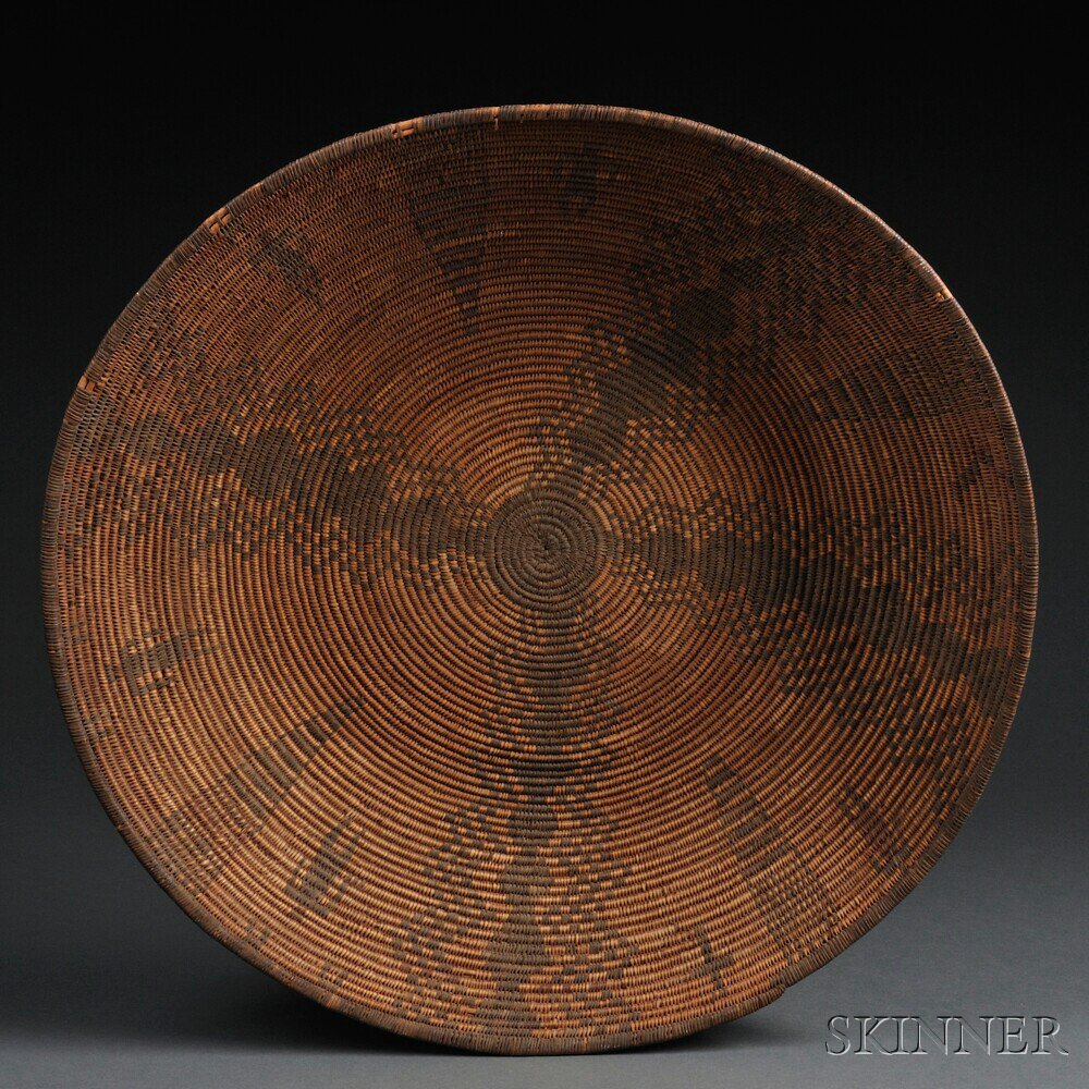 Appraisal: Large Apache Pictorial Basketry Bowl c with central cross framing