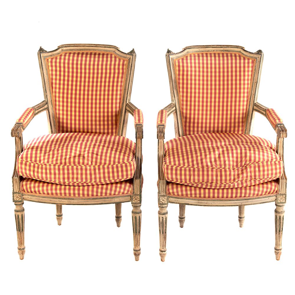 Appraisal: Pair of Louis XVI Style Fauteuils en Cabriolet th century