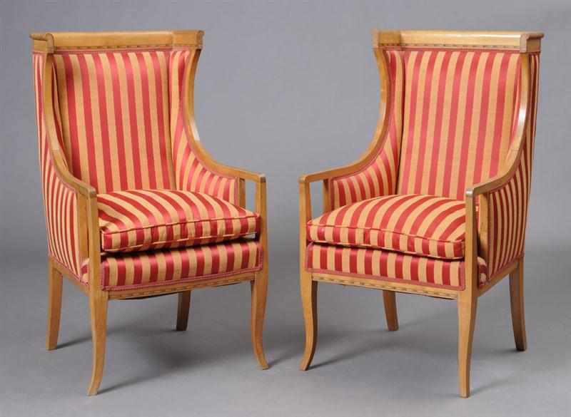 Appraisal: PAIR OF BIEDERMEIER STYLE INLAID BLEACHED MAHOGANY WING ARMCHAIRS The