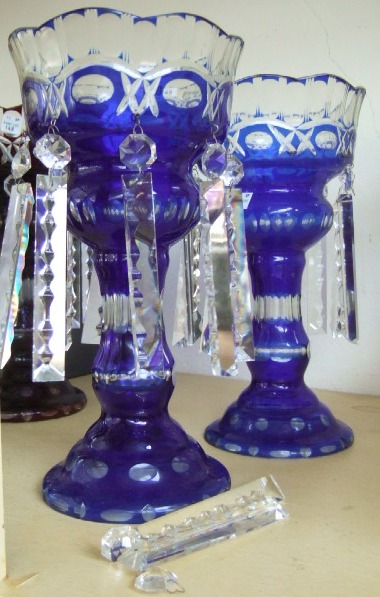 Appraisal: A pair of blue flashed cut glass lustres early th