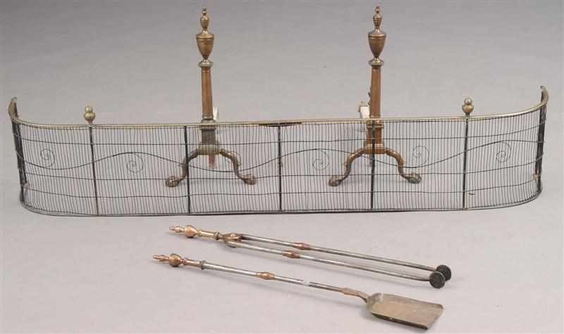 Appraisal: PAIR OF FEDERAL ENGRAVED BRASS ANDIRONS PAIR OF TOOLS AND