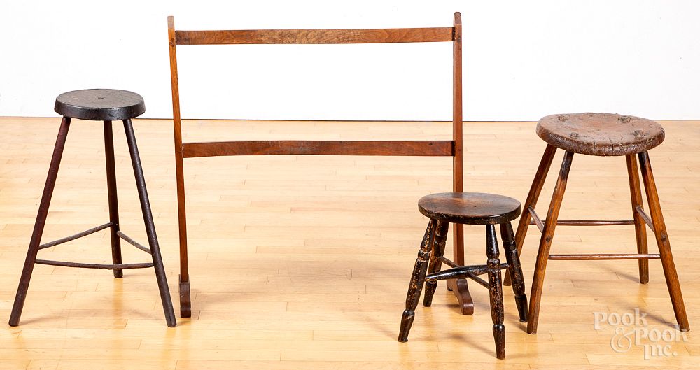 Appraisal: Three stools together with a towel rack th c Three