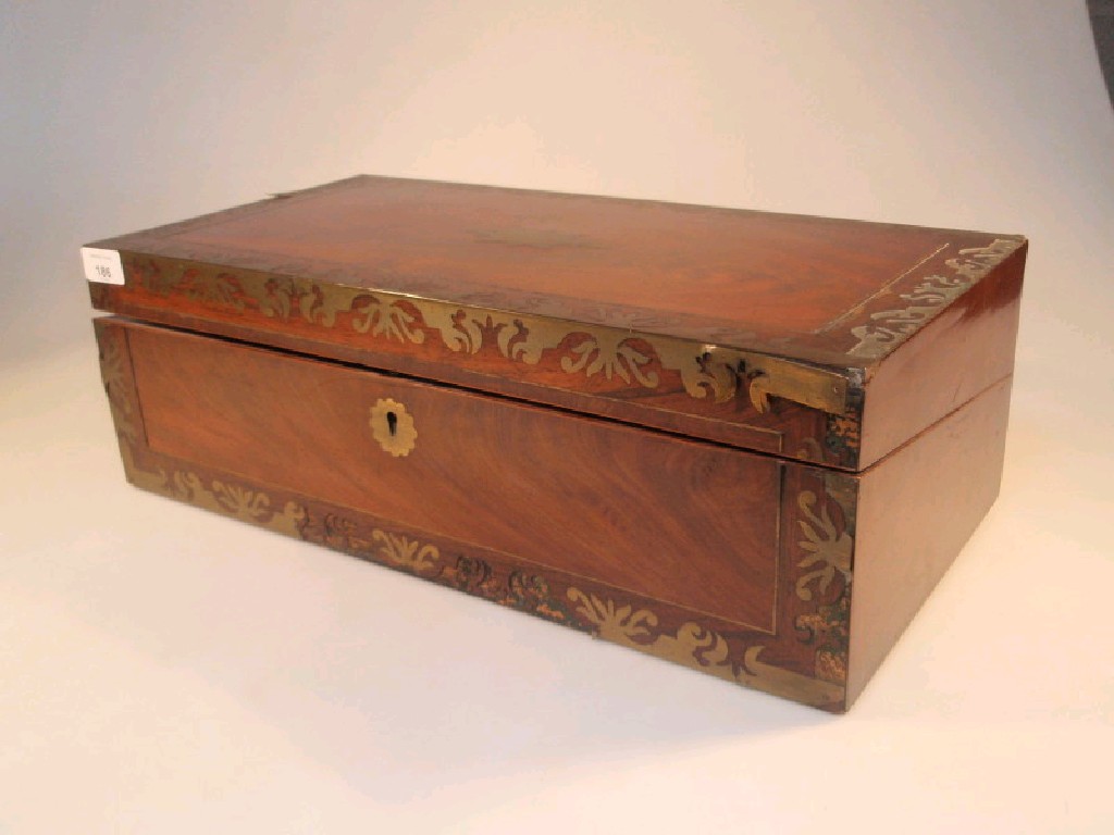 Appraisal: A thC figured mahogany writing box inlaid with fret work