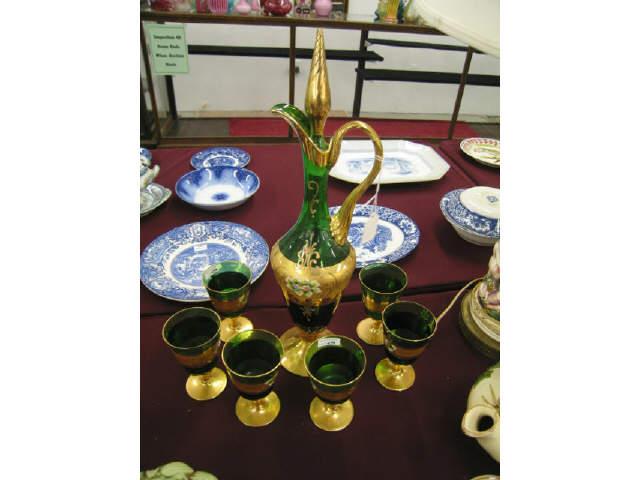 Appraisal: Italian Emerald Art Glass Decanter and glasses gold floral decor