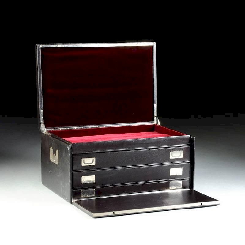 Appraisal: AN ELEGANT FRENCH SILVERED METAL MOUNTED BLACK LEATHER TRAVELING COLLECTOR'S