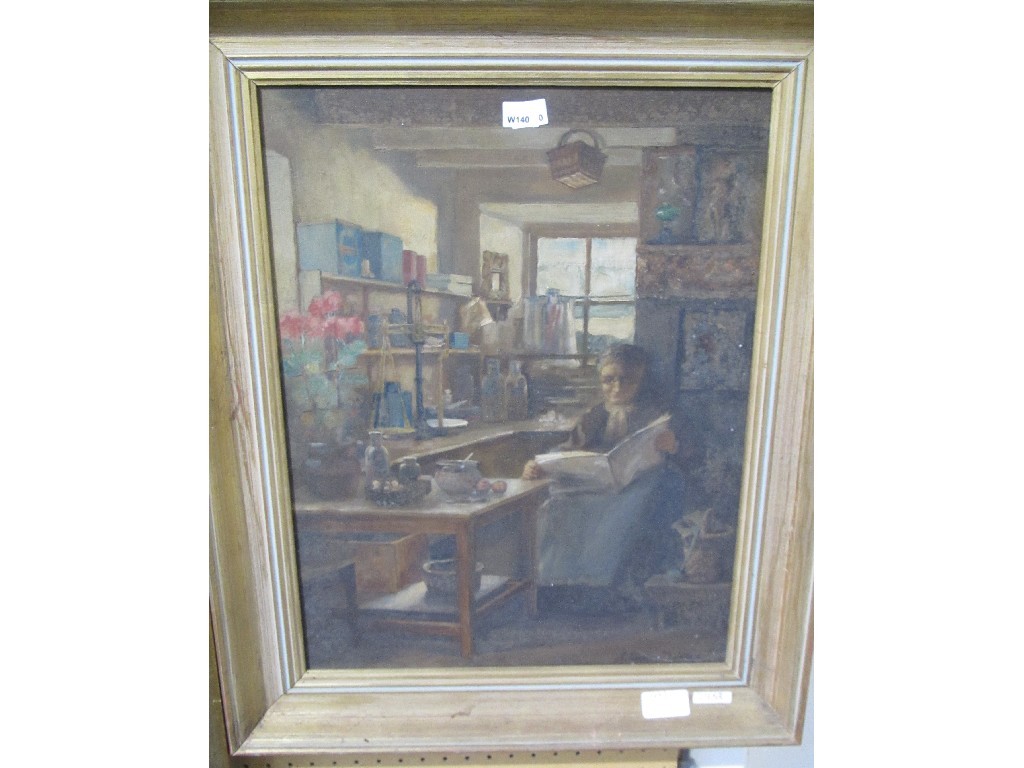 Appraisal: Oil on canvas 'Shopkeeper Reading Newspaper' signed J Morton Dunlop