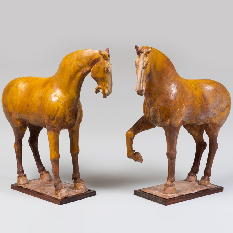 Appraisal: Two Chinese Amber Glazed Pottery Figures of Horses Together with