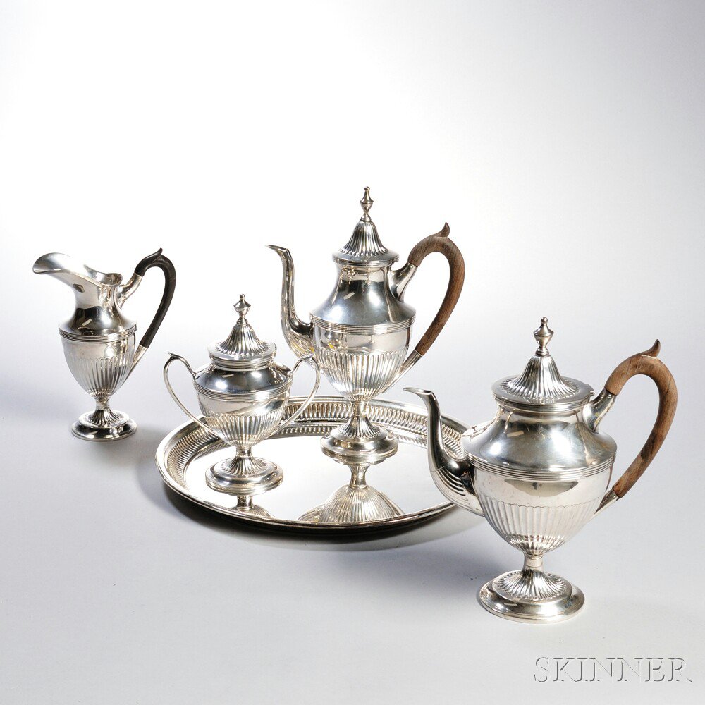 Appraisal: Four-piece Portuguese Silver Tea Service with an Associated Silver-plate Tray