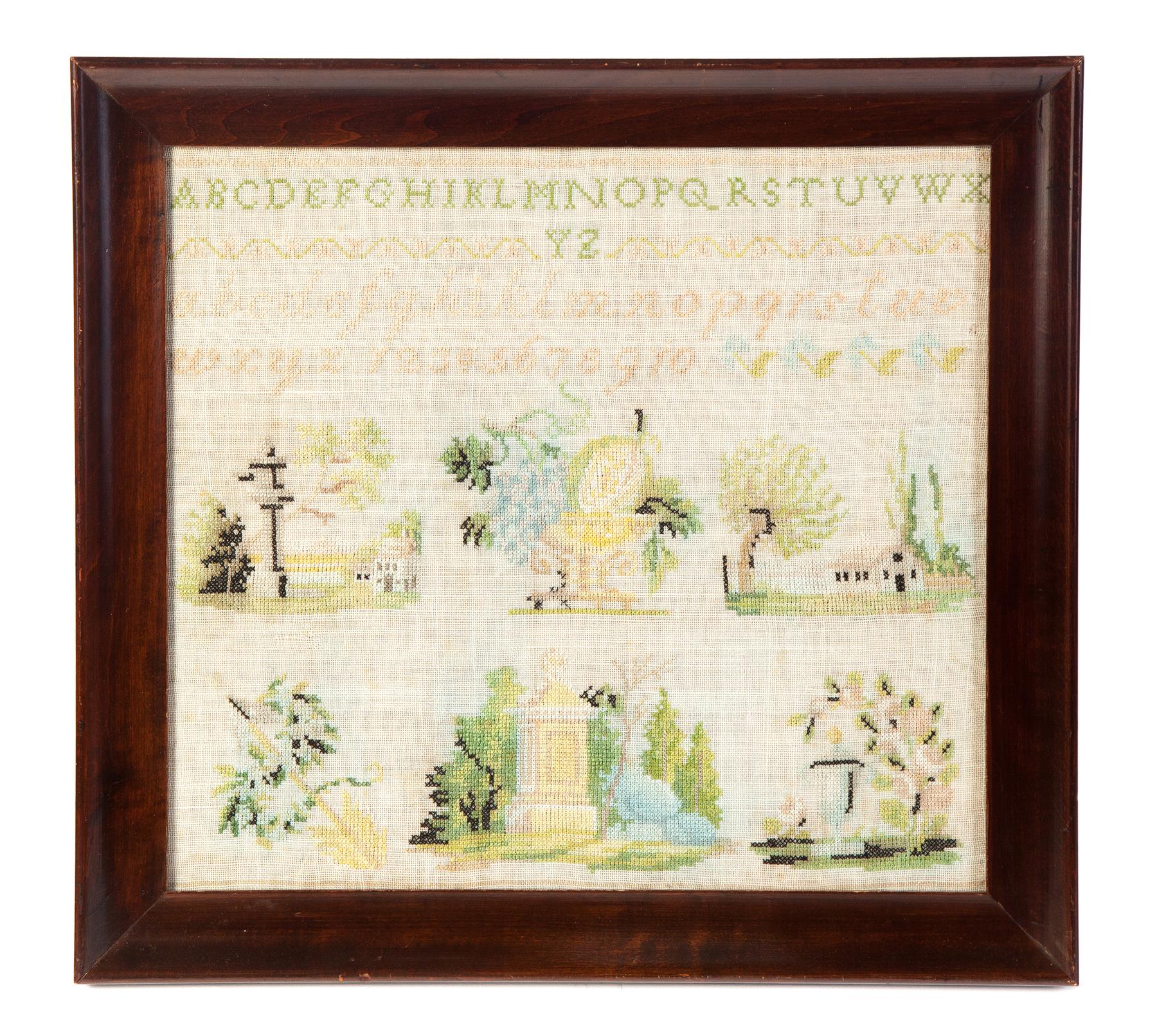 Appraisal: FRAMED SAMPLER American late th century Colored thread with ABC's