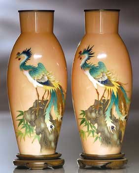 Appraisal: PAIR JAPANESE CLOISONN VASES Pair slim ovoid old Japanese cloisonn