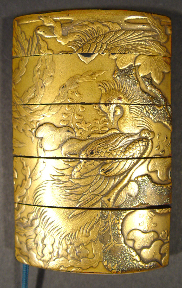 Appraisal: Japanese gold lacquered five divisional inro relief moulded with birds