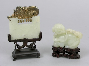 Appraisal: A Carved Jade Ornament on Stand and a Jade Figure