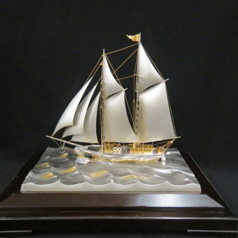 Appraisal: Sterling Silver Ship Model by Takehiko triple mast schooner gold