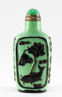 Appraisal: Chinese Green Black Floral Decorated Snuff Bottle CHINA TH CENTURY