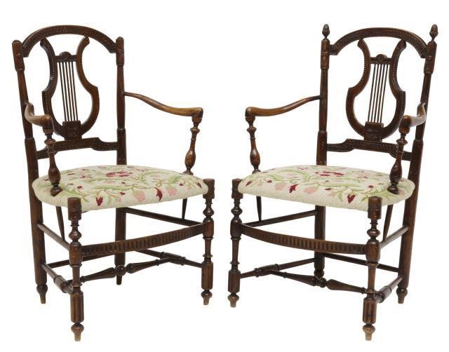 Appraisal: lot of French oak lyre-back armchairs late th c having