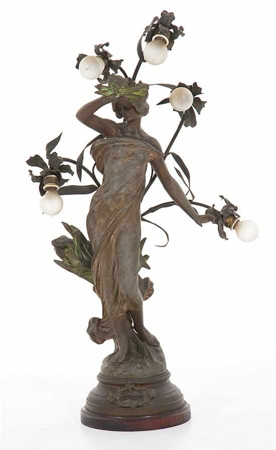 Appraisal: Art Nouveau figural newel post lamp circa standing young maiden