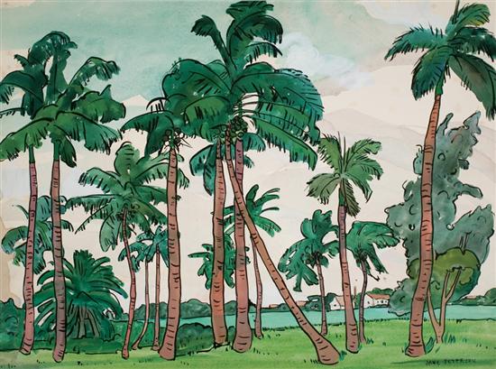 Appraisal: JANE PETERSON American - Palms by the Bay watercolor signed