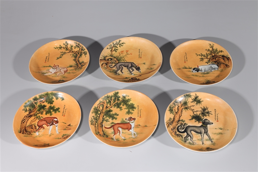 Appraisal: Set of six Chinese porcelain dishes with dog designs and