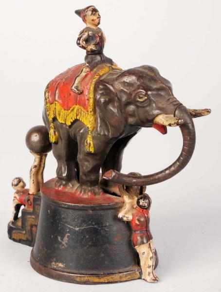 Appraisal: Cast Iron Elephant Clowns Mechanical Bank Manufactured by J E