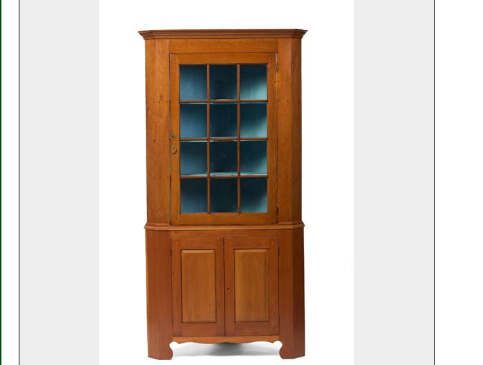 Appraisal: AMERICAN FEDERAL CHERRY TWO-PART CORNER CUPBOARD The upper section with