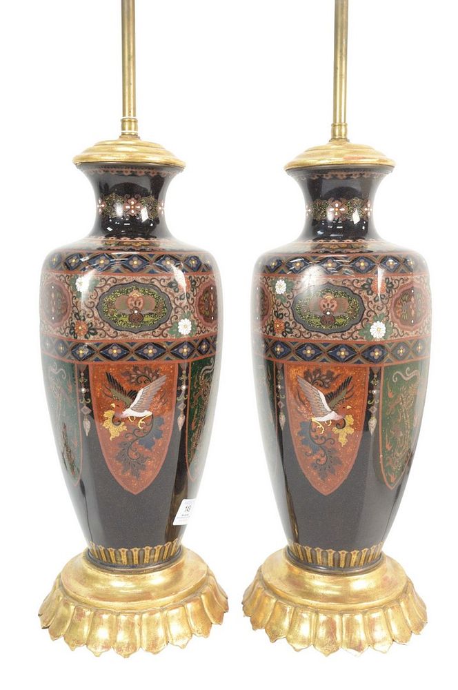 Appraisal: Pair of Large Cloisonne Hexagonal Vases having shield panels with