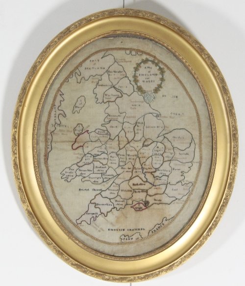 Appraisal: An oval needlework map of England and Wales circa cm