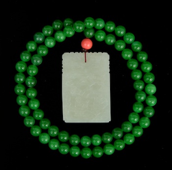 Appraisal: A White Jade Pendant on Green Jadeite Bead Necklace A