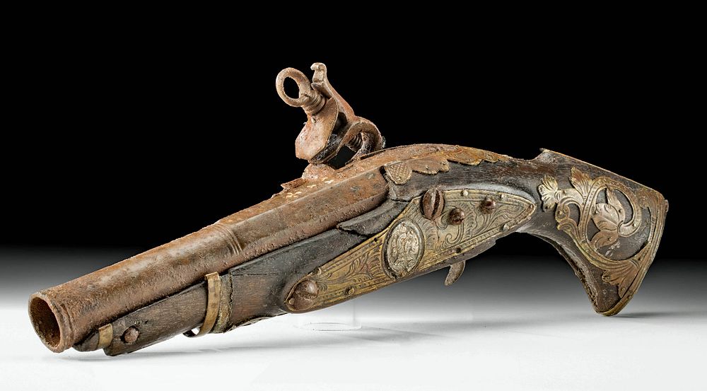 Appraisal: th C Spanish Colonial Flintlock Pistol w Silver North America