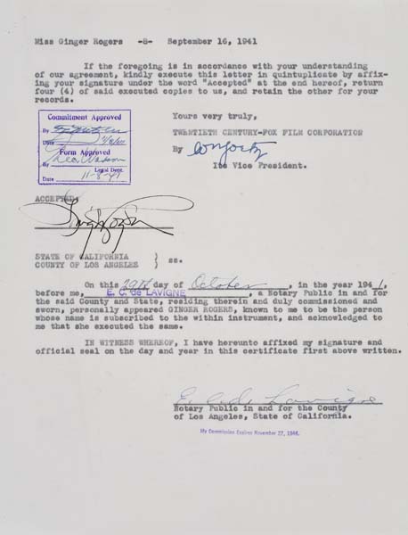 Appraisal: GINGER ROGERS Contract signed by Rogers for her leading role