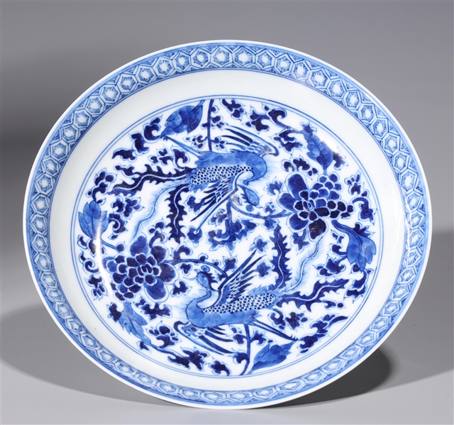 Appraisal: Chinese blue and white Kangxi-style porcelain dish with phoenix birds