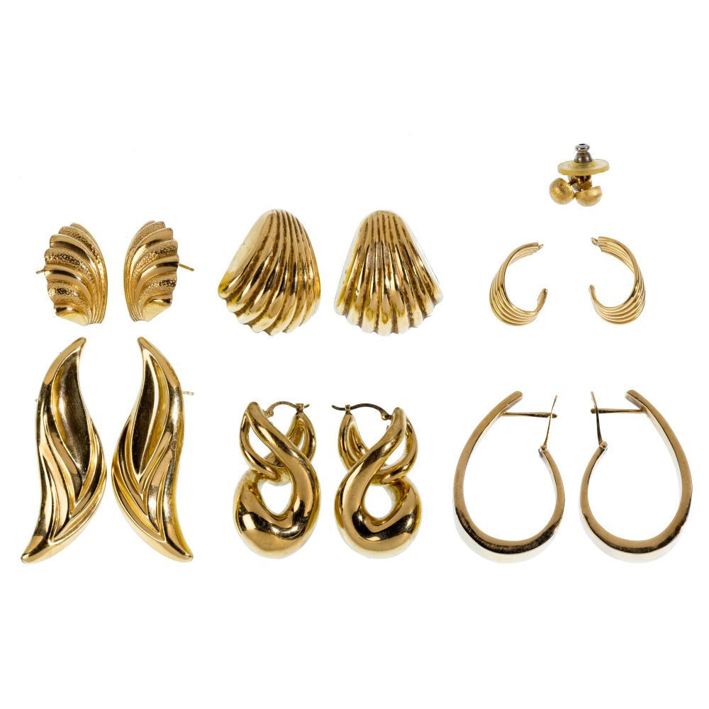 Appraisal: K YELLOW GOLD PIERCED EARRING ASSORTMENT matching pairs together with