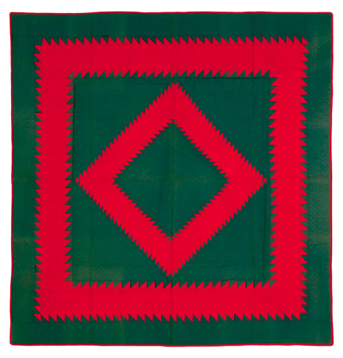 Appraisal: Amish green and red sawtooth diamond quilt early th c