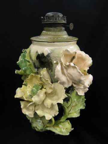 Appraisal: French Victorian Art Pottery Oil Lamp early Limoges type blown-out