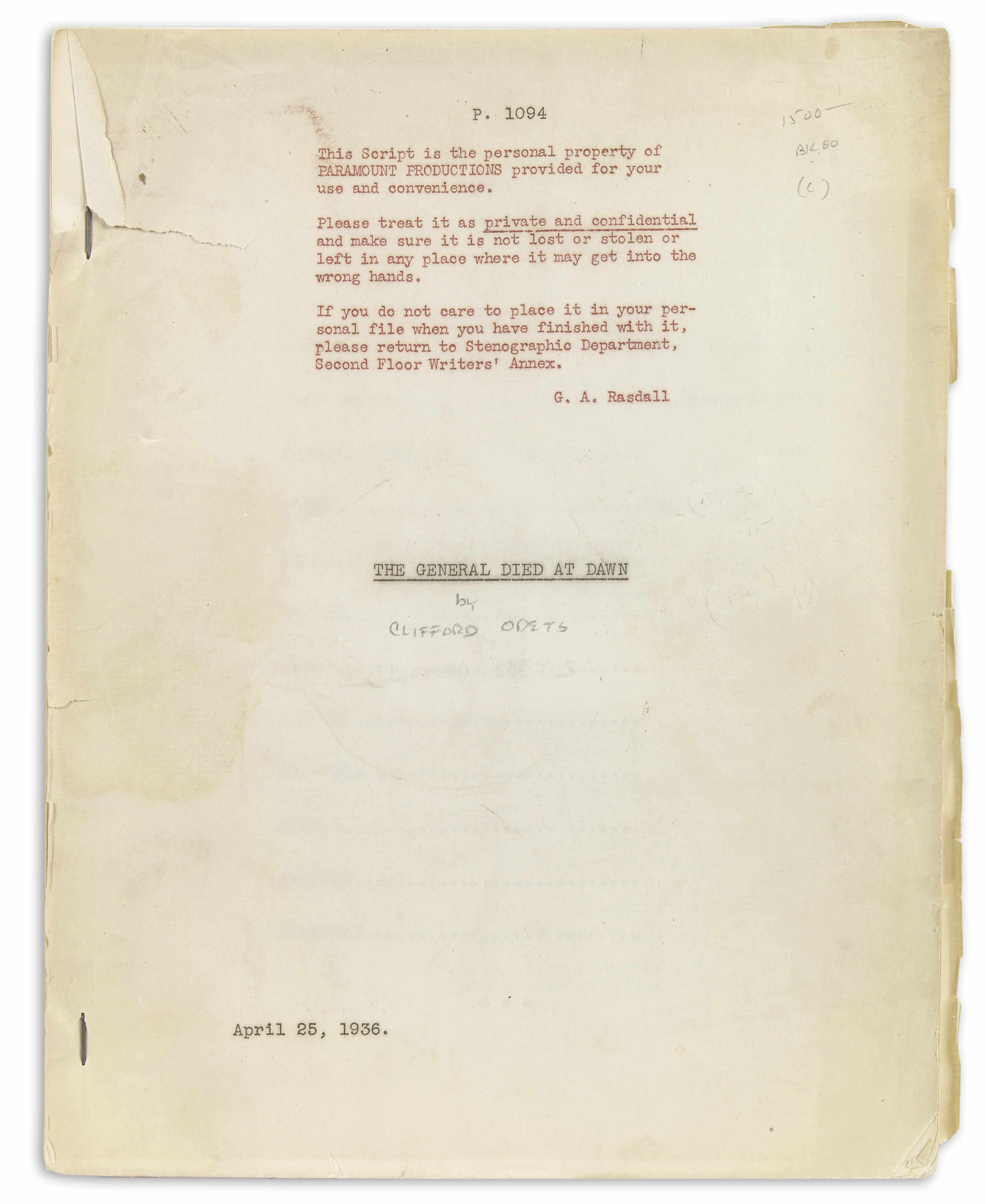 Appraisal: ODETS CLIFFORD - Mimeographed Manuscript pp to Los Angeles April