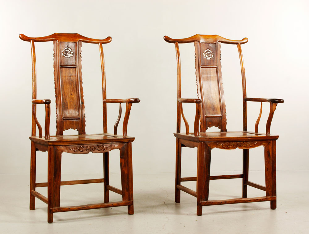 Appraisal: - Pr Chinese Huanghuali Wood Armchairs Pair of huanghuali wood